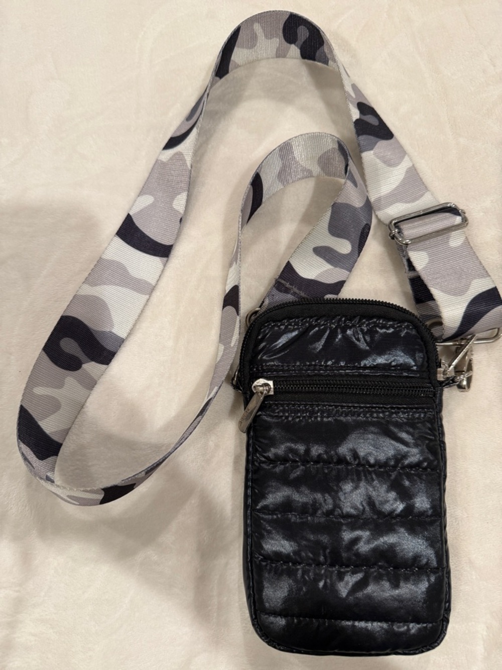 Black Quilted Crossbody Phone Pouch with Camouflage Adjustable Strap
